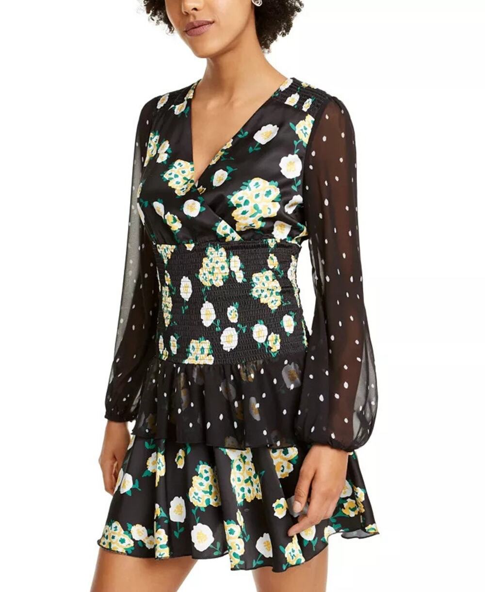 Foxiedox Anemone Smocked Mixed Print Dress Black Small New